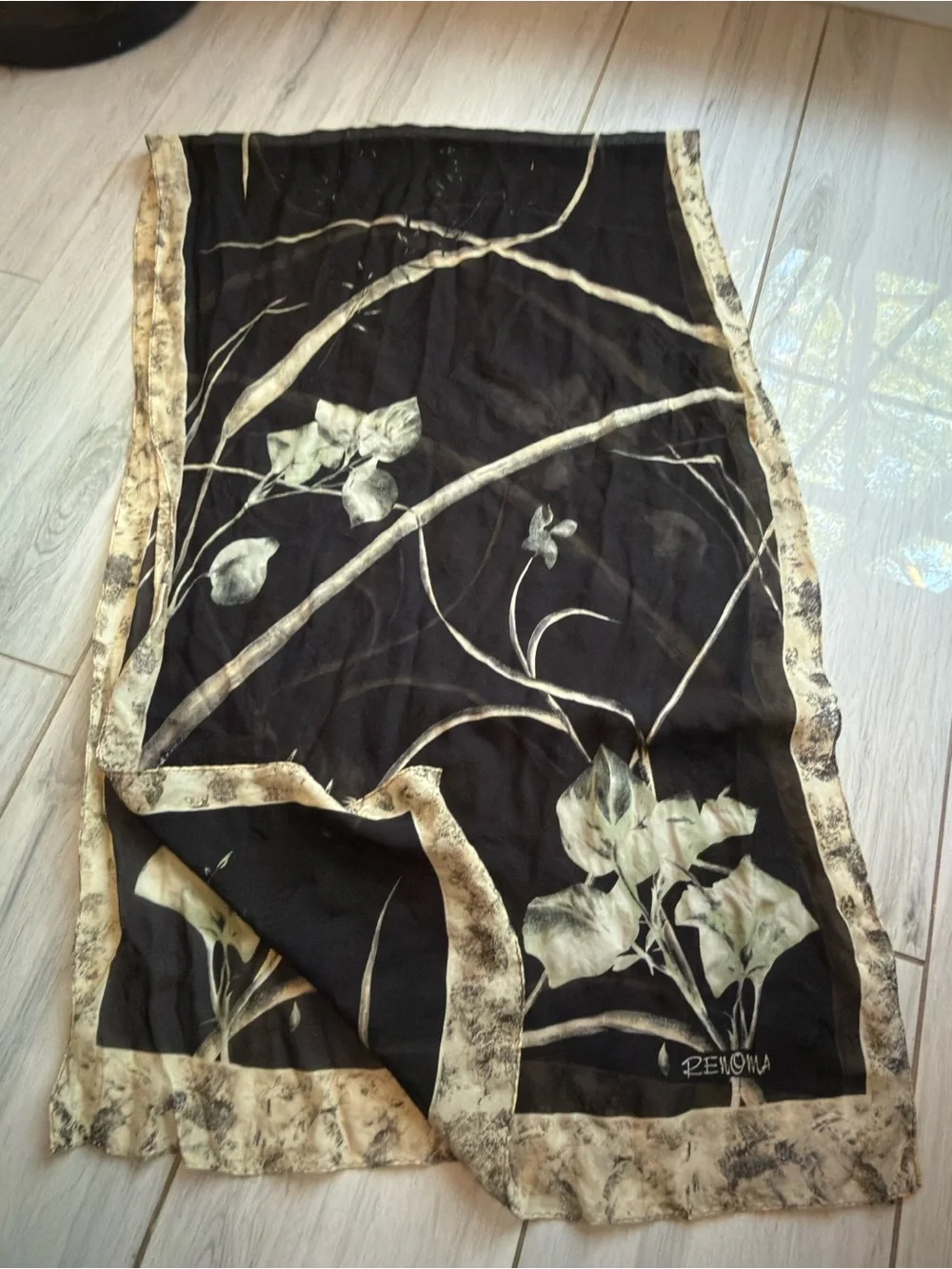 RENOMA women’s Pure Silk Scarf Black Featuring Floral Design